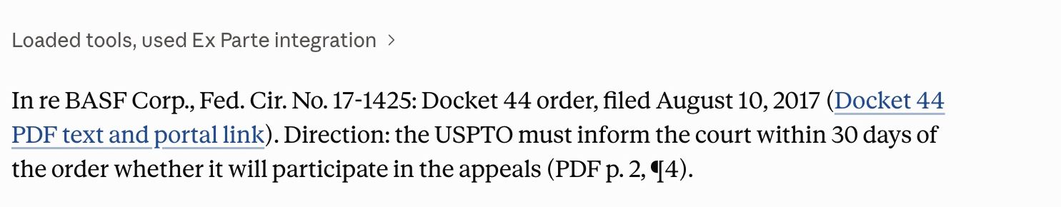 Claude answer about the existing Federal Circuit docket 44 order with a source-page citation