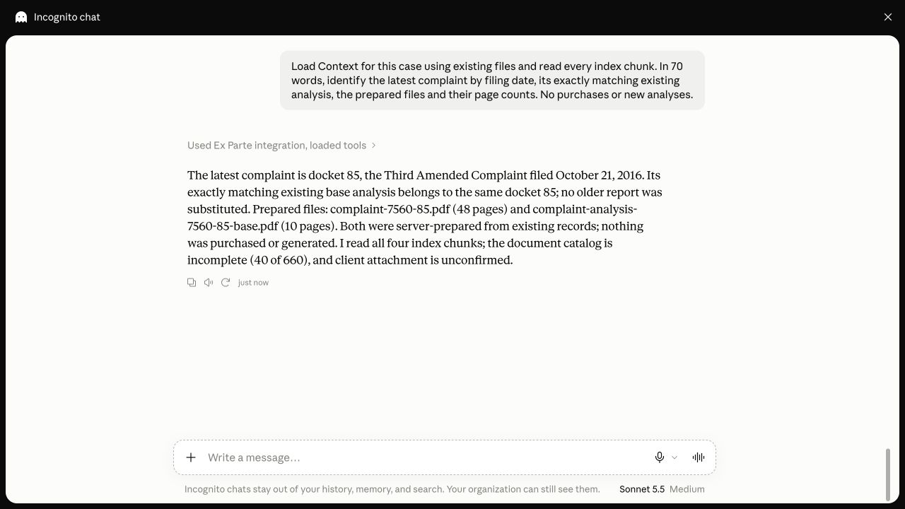 Original Load Context response identifying a complaint, matching analysis and incomplete document catalog