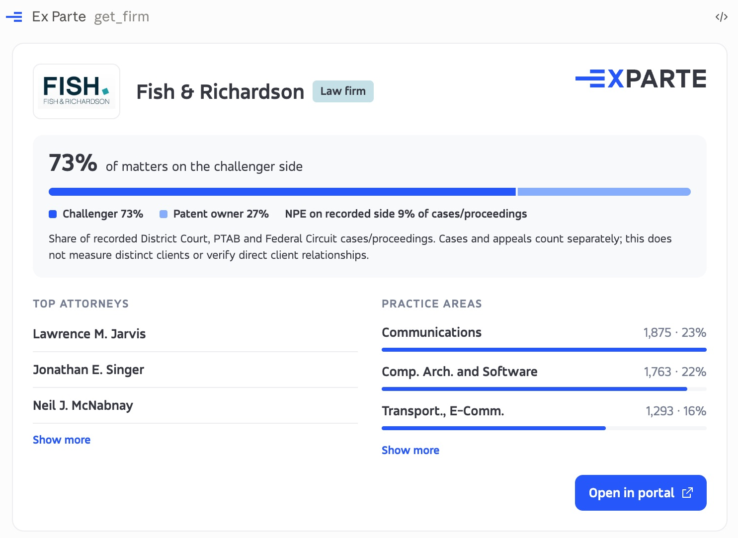 Ex Parte Fish and Richardson firm card with recorded-side caveat, attorneys and practice areas