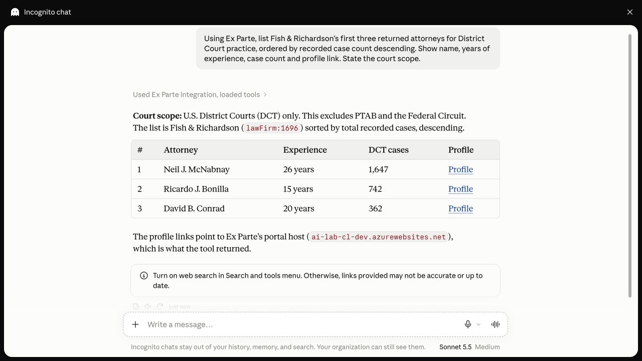 Original Fish and Richardson District Court roster example with three named attorneys and bounded court scope