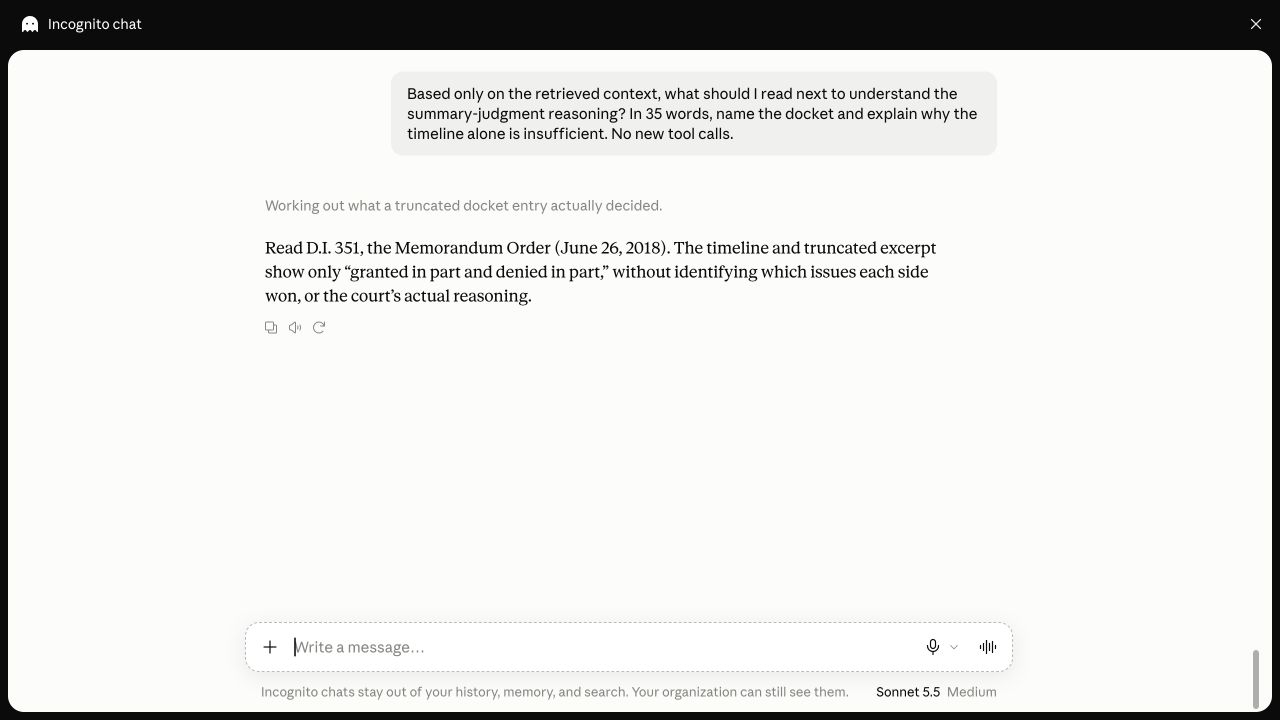 Original recommendation to read docket 351 rather than infer reasoning from a short timeline entry