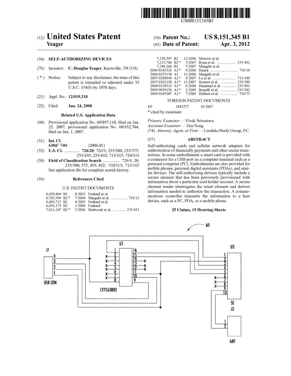 Original patent PDF cover page for US 8151345 B1, Self-authorizing devices