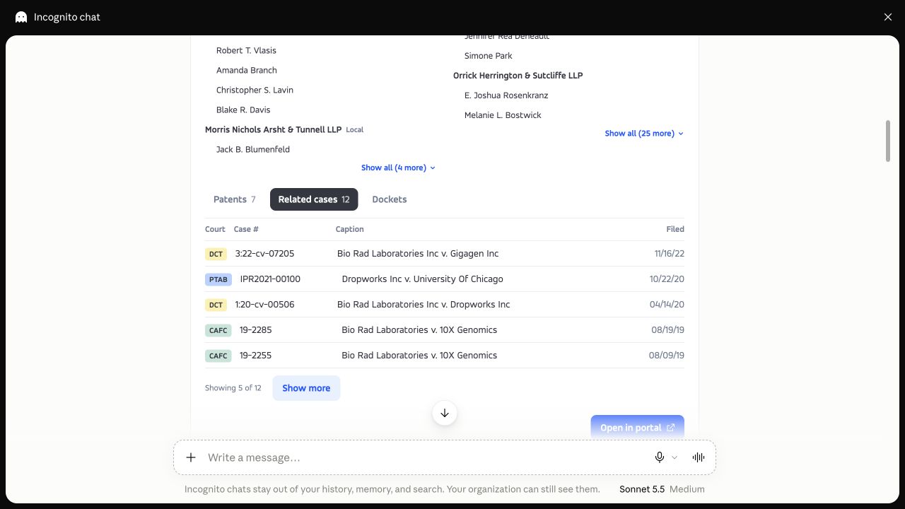 Original Related cases tab with District Court, PTAB and Federal Circuit records