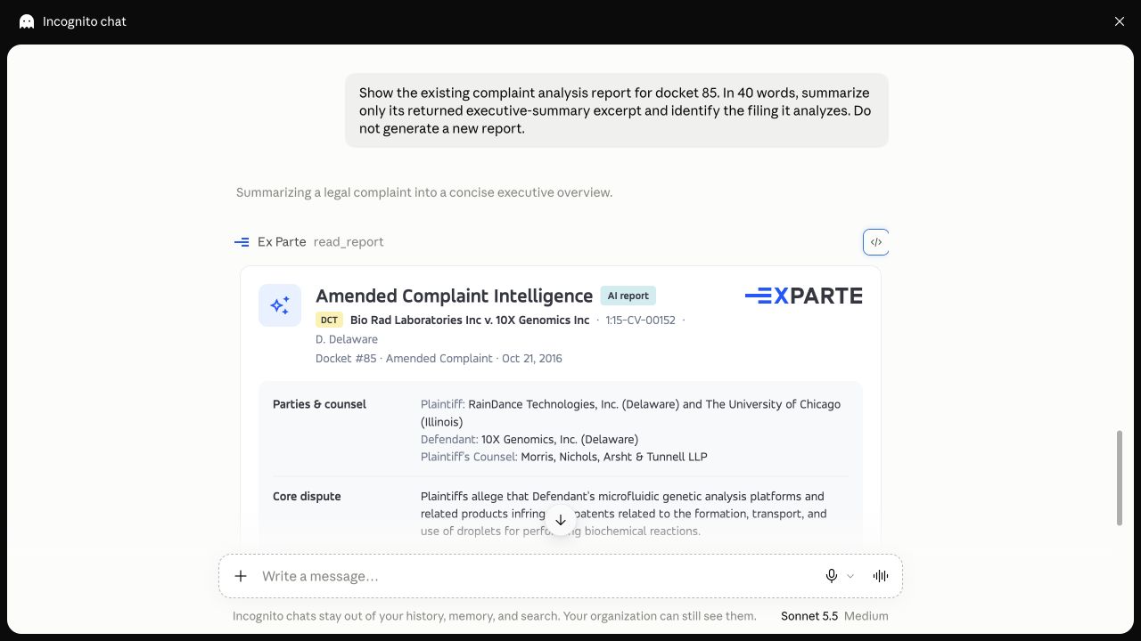 Original existing docket 85 analytical-report card with filing identity and executive-summary start