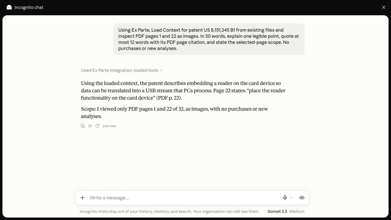 Original Claude scanned-patent example explicitly limiting its reading to pages 1 and 22