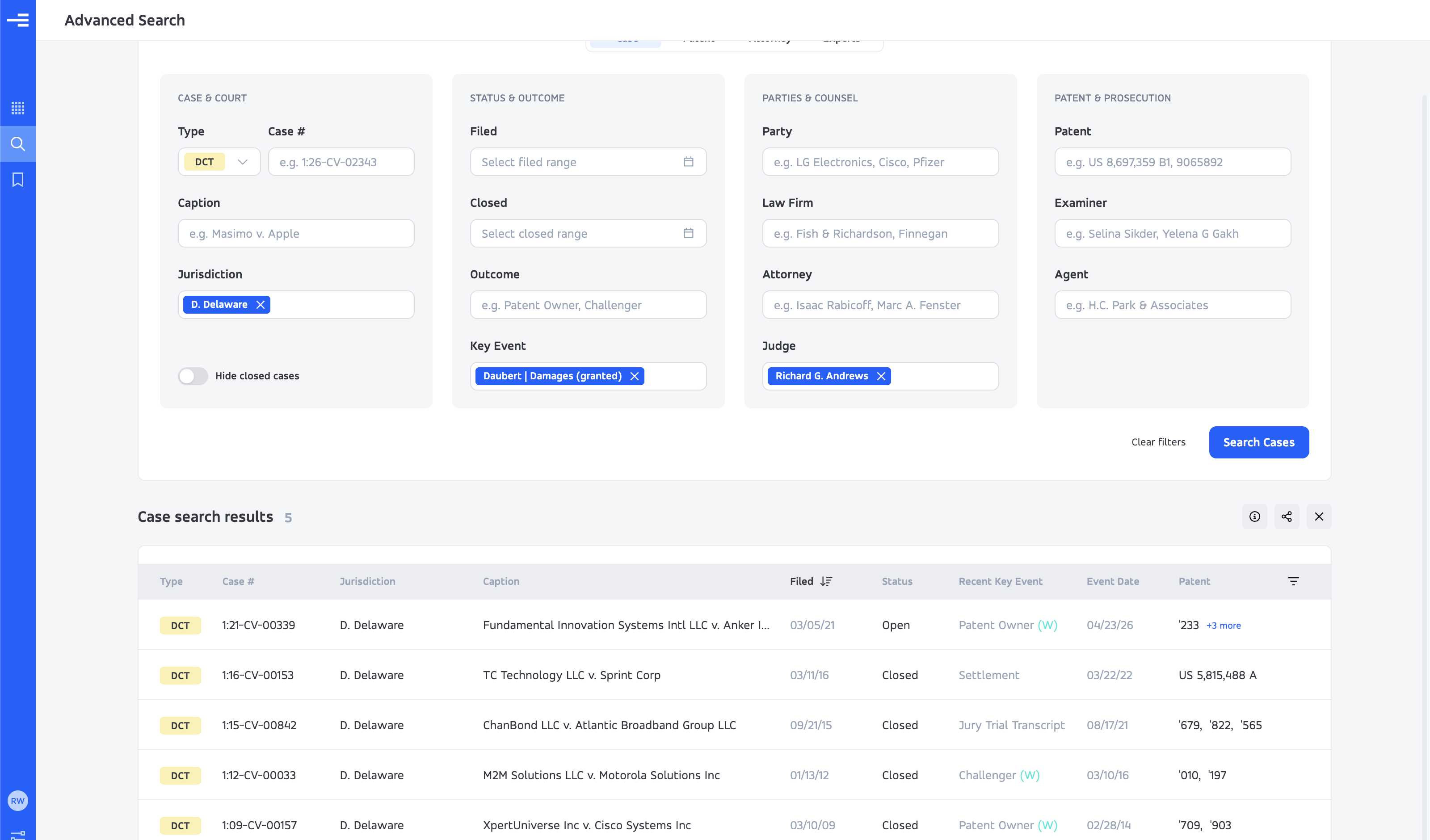 Example advanced case search using jurisdiction, judge, and Daubert filters