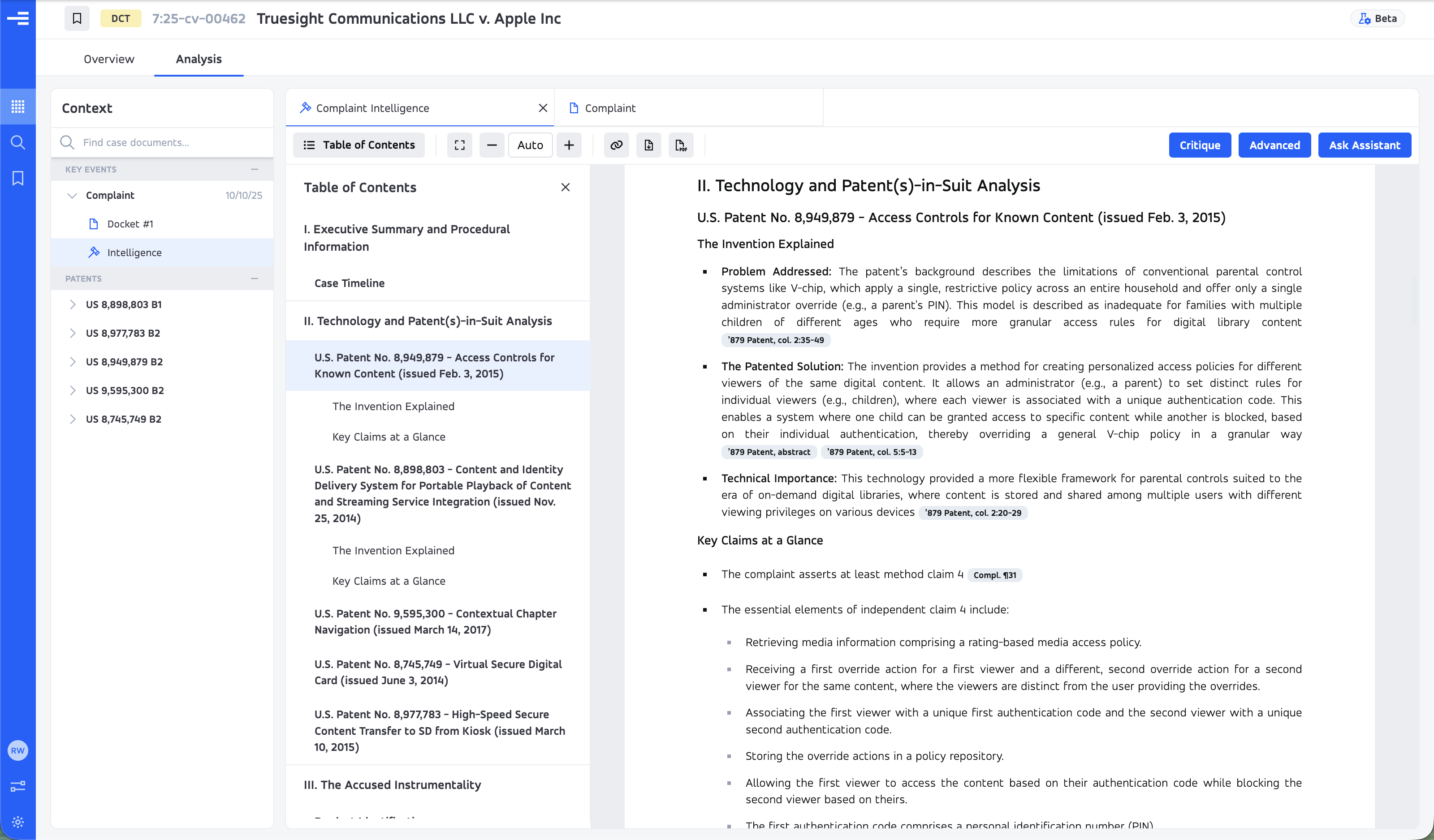Report reader with Context, open document tabs, a table of contents, and citation pills
