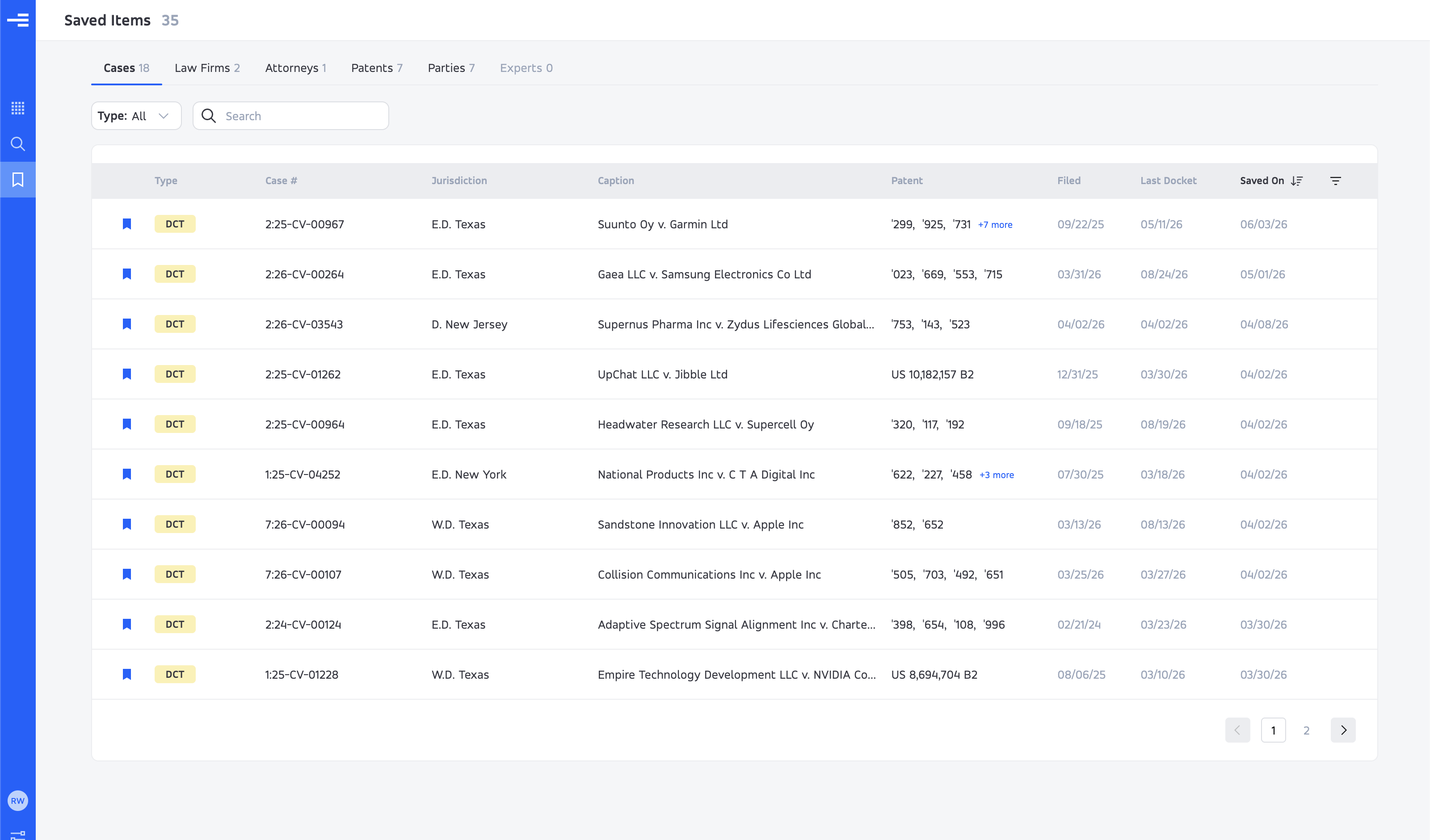 Saved items example with record-type tabs, counts, filters, and saved cases