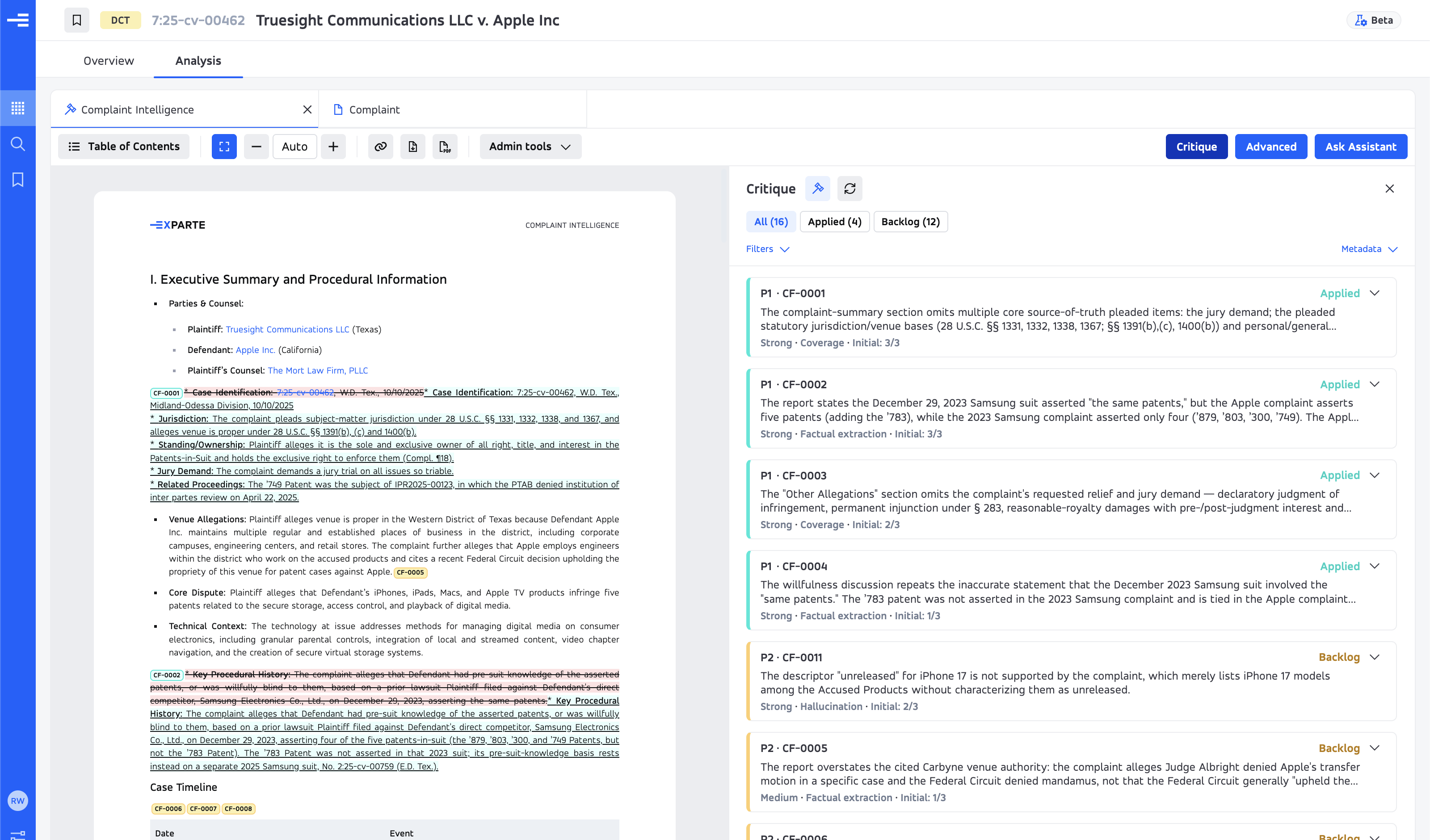 Example critique findings panel beside a report with visible revisions