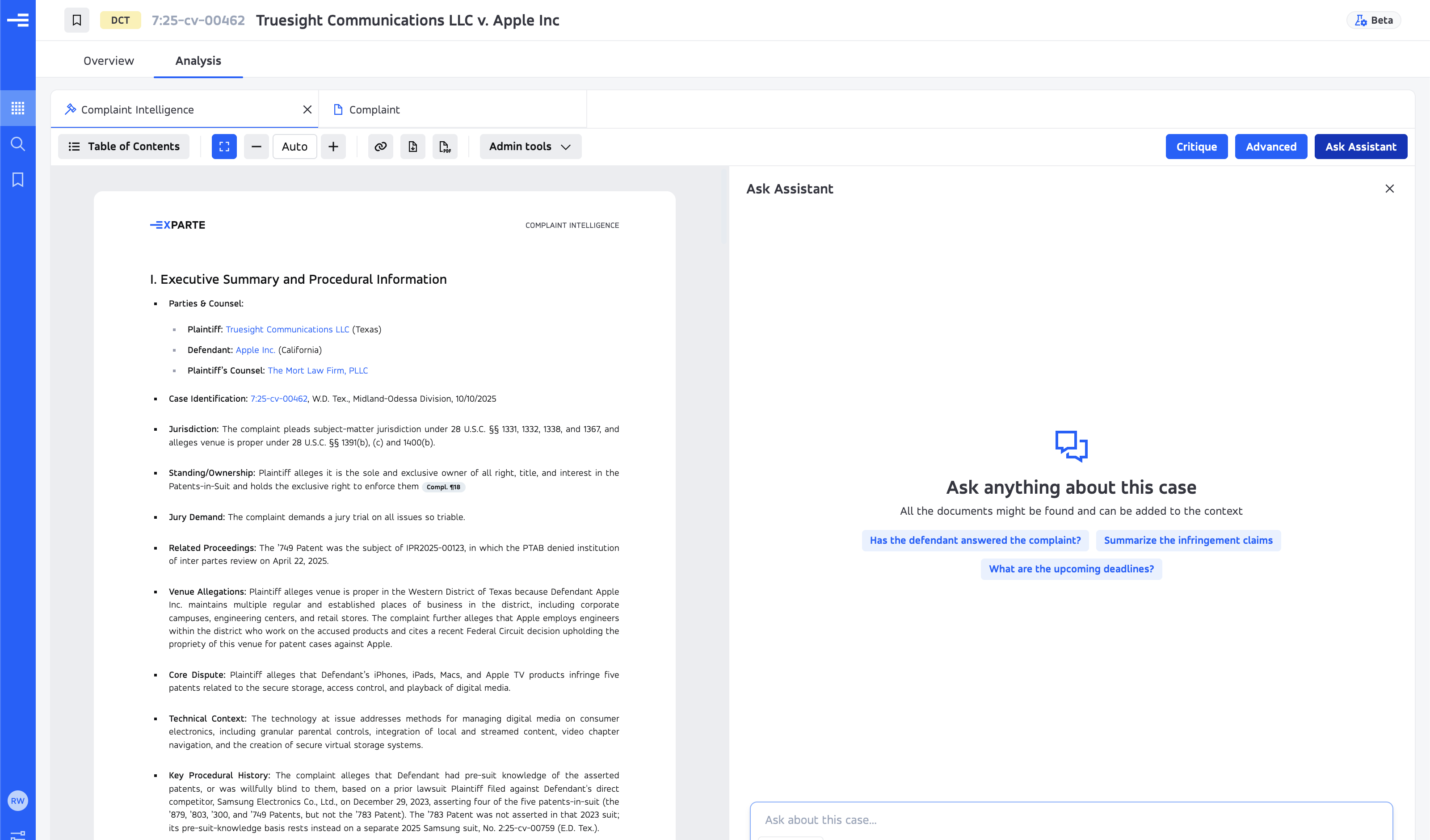 Example Ask Assistant panel beside a complaint intelligence report