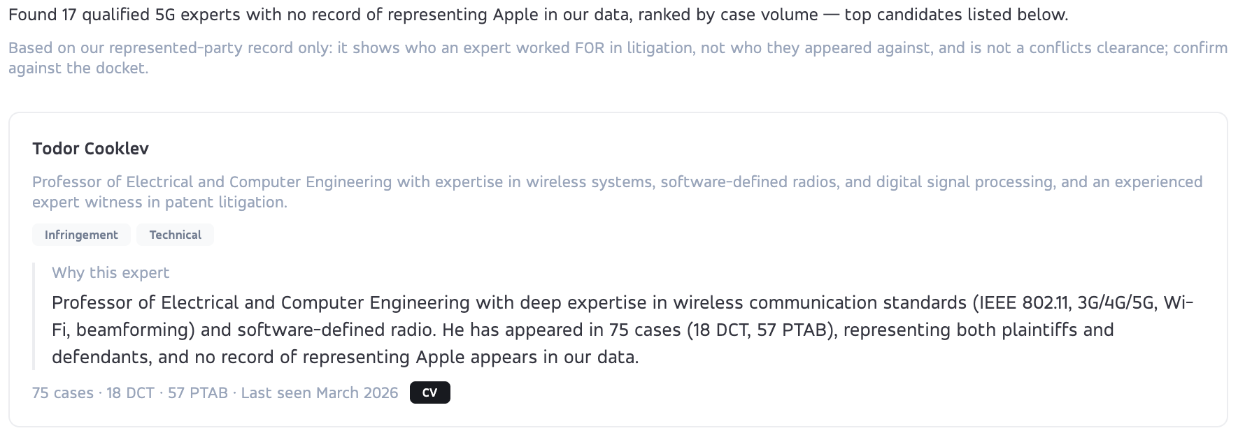 Expert search example showing a result explanation, record summary, and coverage caveat