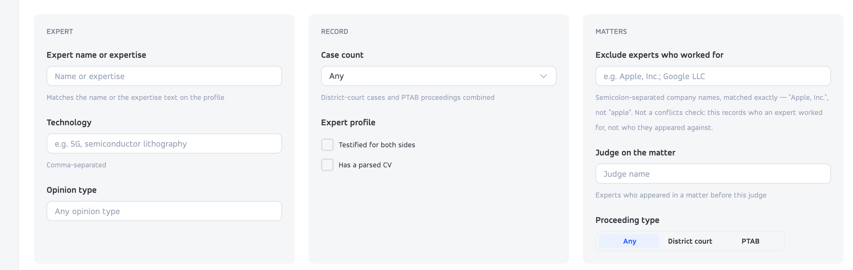 Advanced expert-search form with Expert, Record, and Matters filter groups