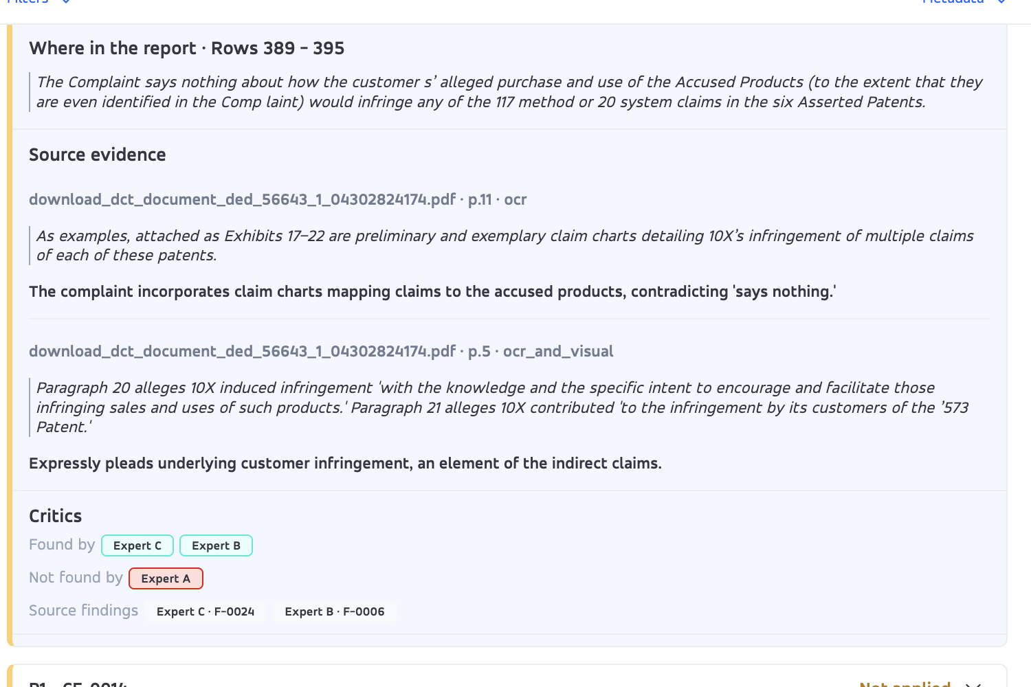 Expanded critique finding with report location, source evidence, and reviewer details