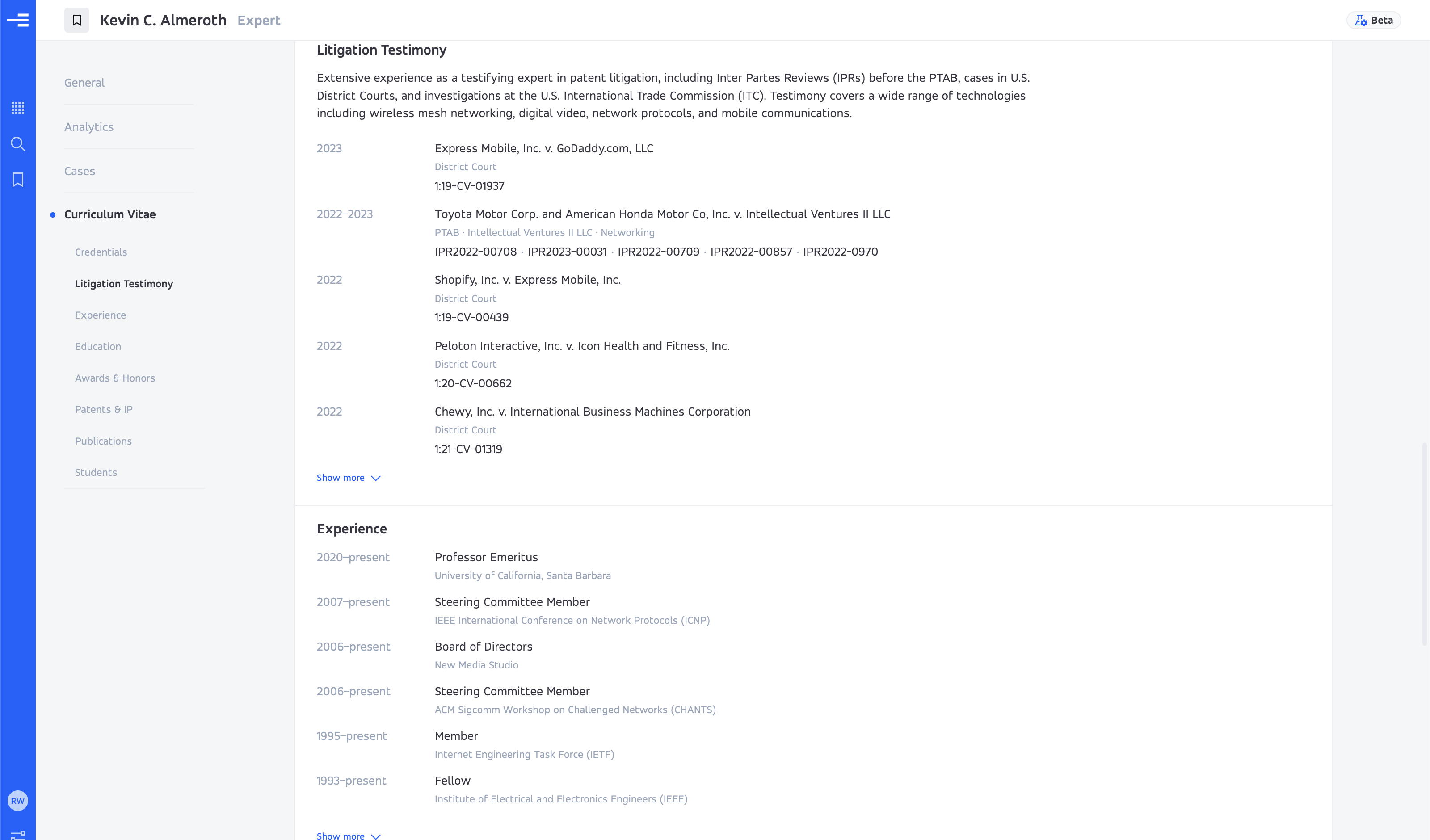 Example expert profile showing a litigation testimony section and an experience list