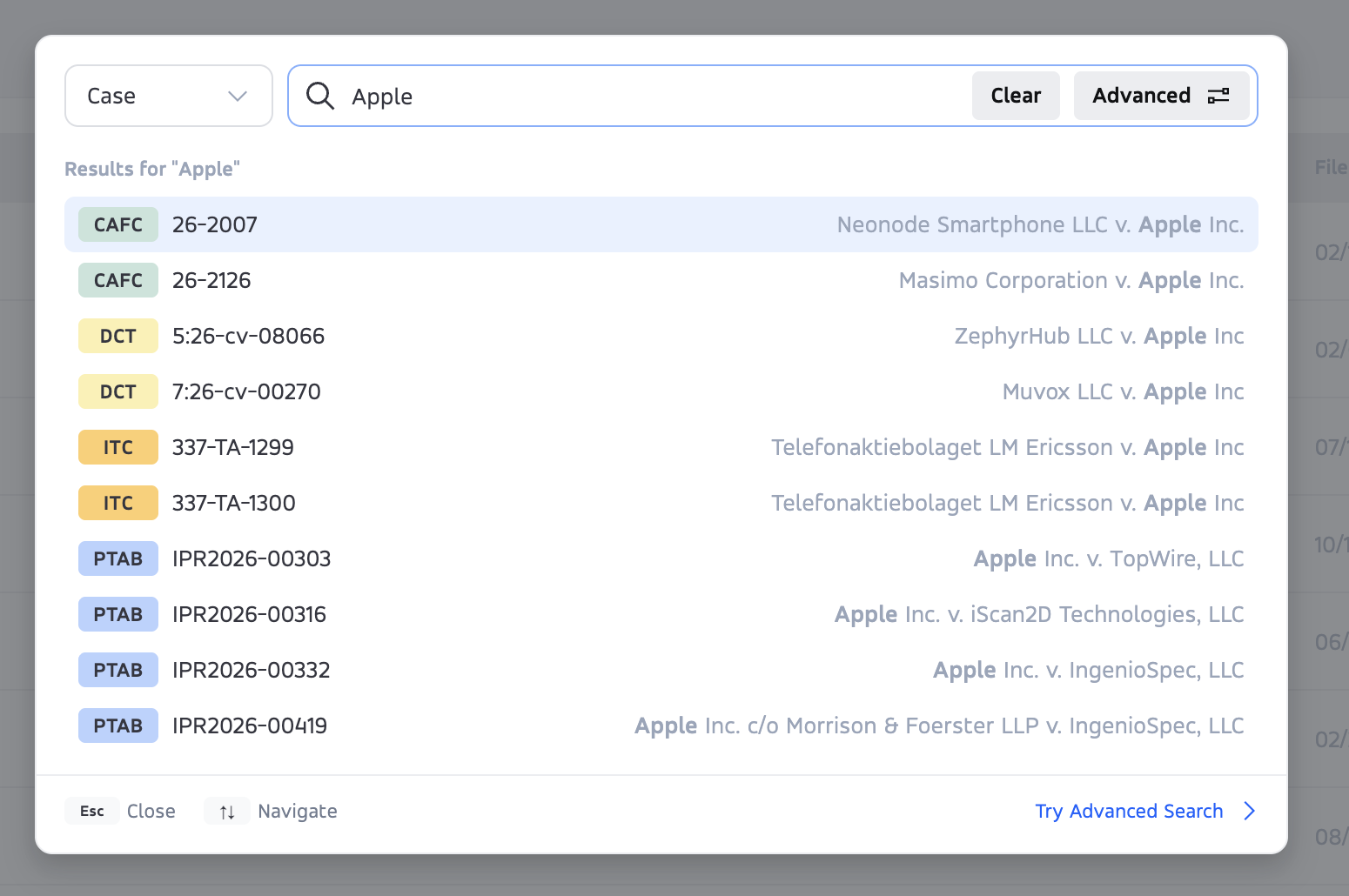 Quick search example with a Case selector, typed query, and results from several forums