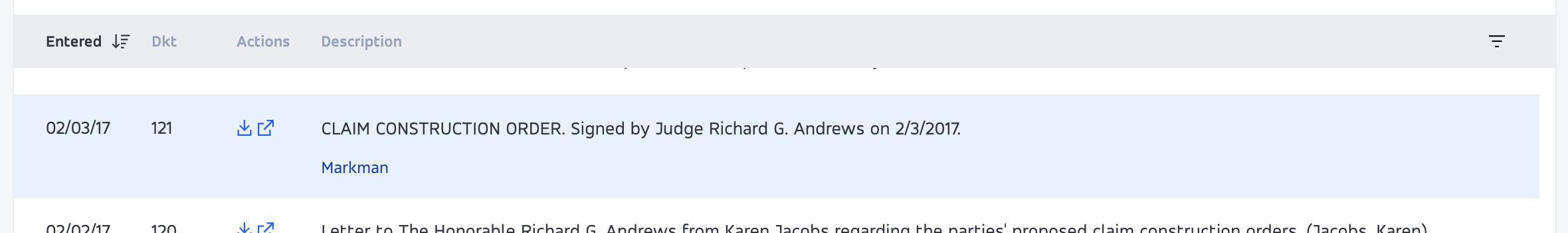 Highlighted docket row with its description, event tag, and document controls