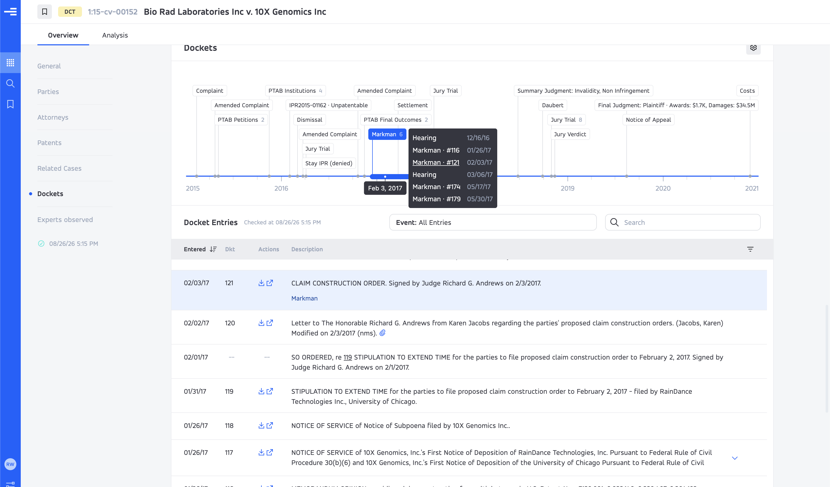Example docket view with a selected timeline event and the corresponding highlighted entry